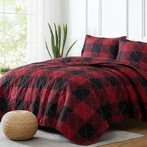 New Red & Black King 3 Piece Westport Woodland Check Reversible Quilt Set